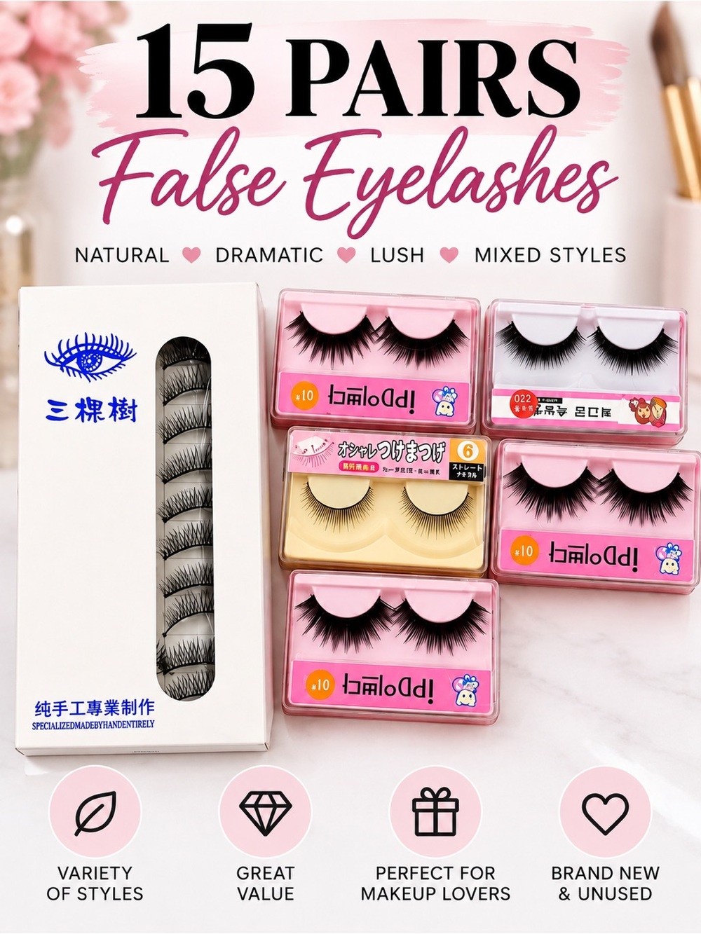 15 Pairs False Eyelashes Bulk Lot Natural Dramatic Lashes New NIB